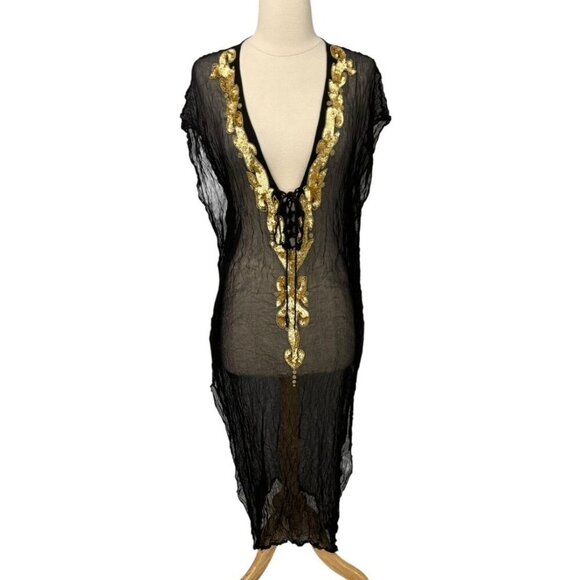Manish Vaid Dress Cover-Up Size M Black Gold Embellished Resort Beach Poolside - Picture 1 of 14